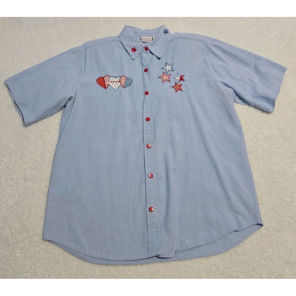 VTG Passports Light Blue Chambray L Button Up Women Shirt Patriotic Embroidered